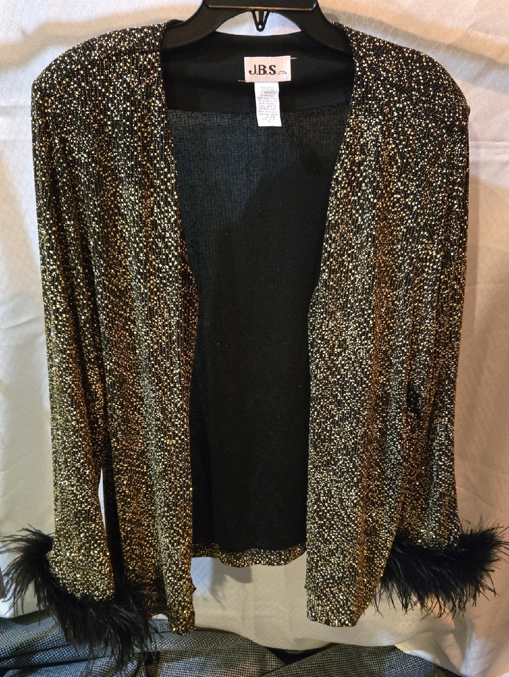 J.B.S. Gold and Black Sparkle Open-Front Cardigan with Feather Cuffs